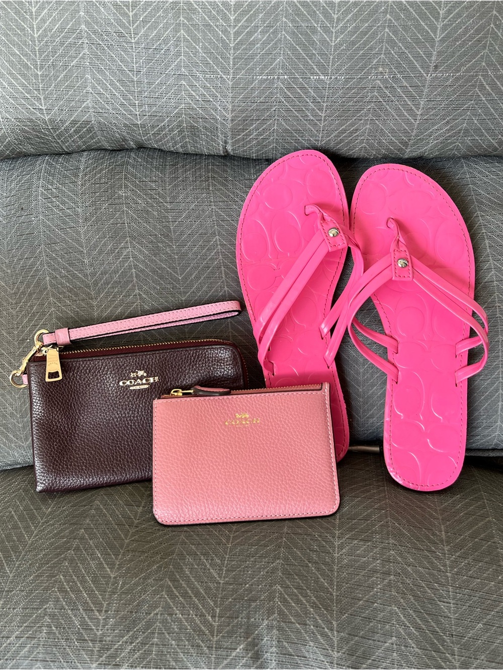 Coach Pink Bundle. Pink and Brown Leather Wristlet, Card Case & Flip Flops